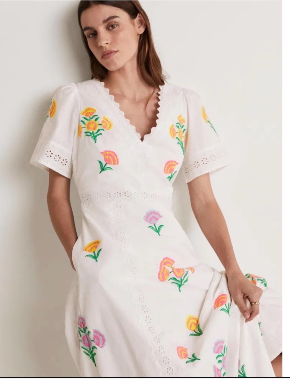 Boden white Lace-Trim V-Neck dress - Picture 3 of 13